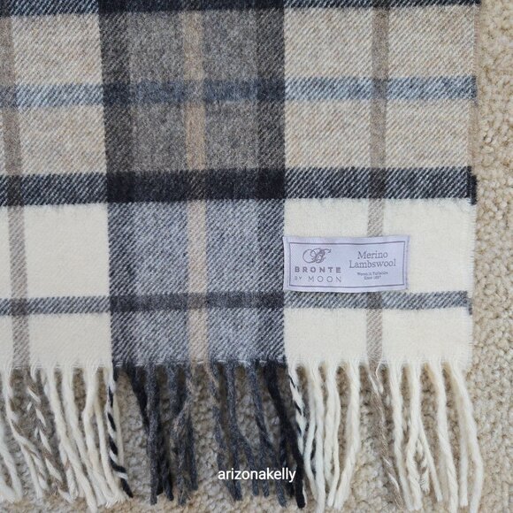 NWOT Bronte by Moon Merino Lambswool Plaid Scarf Cream, Brown & Tan - Picture 3 of 9